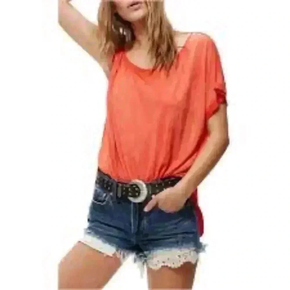 NWT Free People Orange Asymmetrical Burnout T Shirt Top Women's Size S